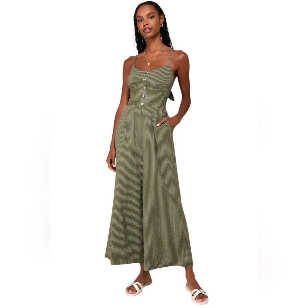 Lulus Coastal Air Olive Green Striped Tie-Back Culotte Jumpsuit Lined sz XS NWOT
